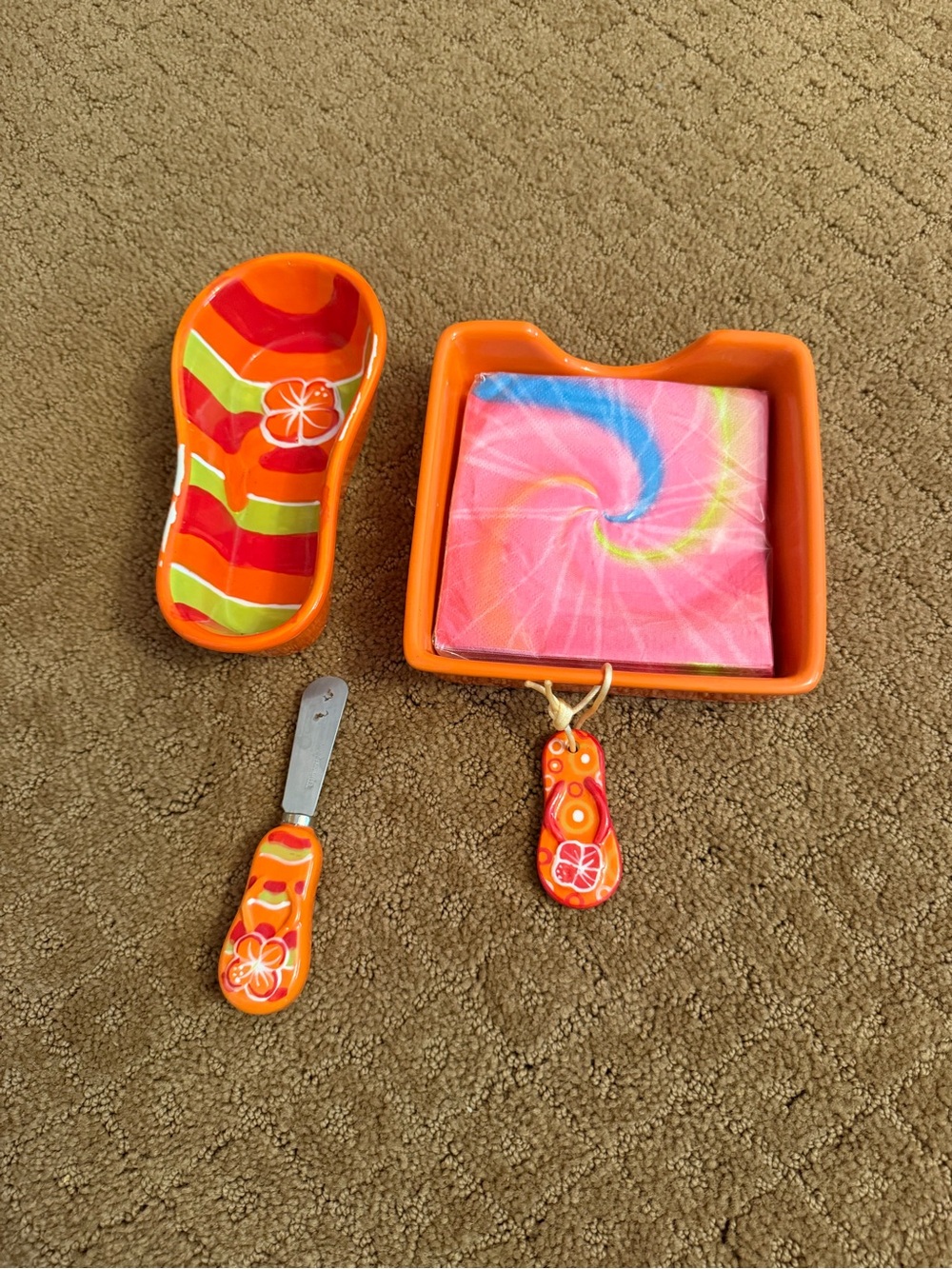 Orange Ceramic Serving Tray & Spreaders Set with Colorful Napkin Holder